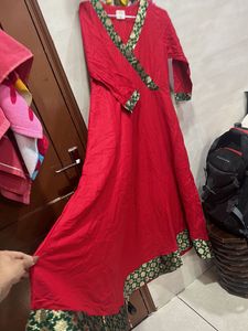 Red Anarkali Kurta with Green Embellishments