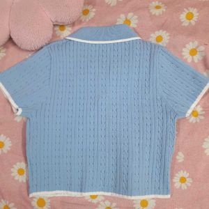 Women Braided Knit Johnny Collar Crop T-shirt