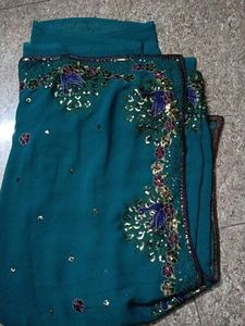 Exquisite Teal Saree with Peacock Embroidery