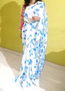 White &amp; Blue Floral Saree