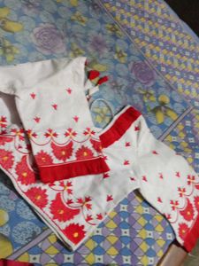 Embroidered White &amp; Red Kurti