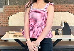 Red Gingham Square Neck Top