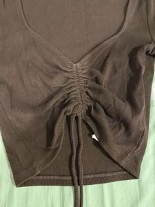 Brown Ruched Drawstring Cropped Top