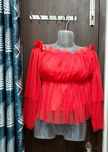 Red Tulle Off-Shoulder Top
