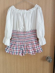 Off-Shoulder Plaid Smocked Top