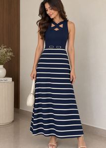 Navy Blue Striped Maxi Dress