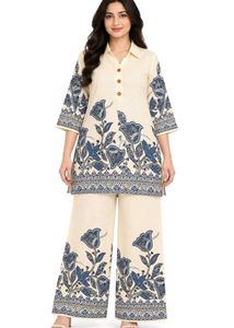Cream Kurta Set with Blue Floral Print
