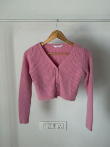 Pink Cropped Fuzzy Cardigan