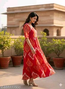 Red Tiered Ethnic Gown with Bandhani Print
