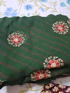 Embroidered Green pure Chiffon Saree