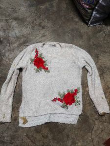 Cozy White Sweater with Red Floral Embroidery