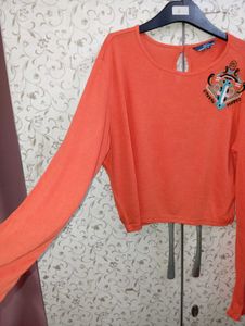 Ajio Orange Long Sleeve crop Top with Embroidery