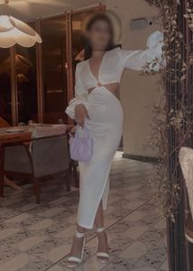 Elegant White Cut-Out balloon sleeve Midi Dress