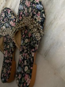 Floral Print Embellished Slip-on Sandals