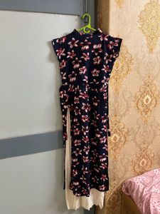 Navy Floral V-Neck Dress with Gold Buttons