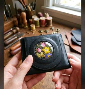 Vintage Black Leather Wallet with Floral Detail