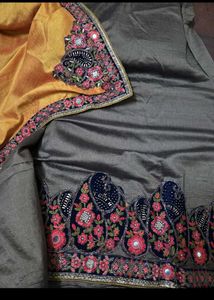 Embroidered Yallow and charcoal Saree
