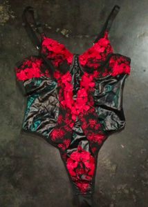 leather Black &amp; Red  Lace Teddy Bodysuit