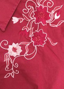 Red Embroidered Collared Chinese Shirt