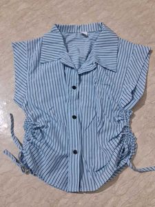 Blue Striped Ruched Button-Up Top