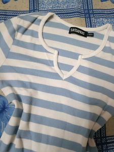Blue and White Striped V-Neck Top