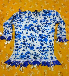 Blue Floral Print Tasselled Kurta