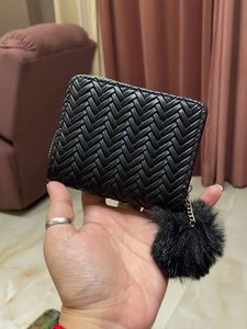 Chic Black Woven Wallet with Pom-Pom Charm