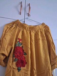 Mustard Yellow Off-Shoulder Embroidered Tunic Top