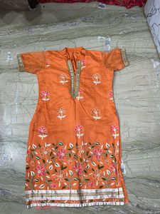 Orange Embroidered Kurta With Free Pants