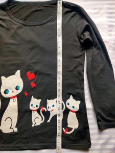Black Kitty Printed Full Sleeve T-shirt Top