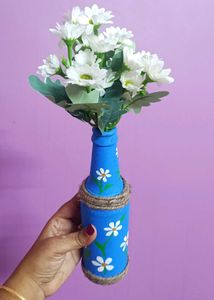 Hand-Painted Blue Daisy Bottle Vase
