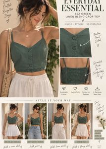 Green Button-Up Linen Crop Top