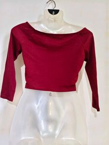Maroon Off-Shoulder Long Sleeve Crop Top