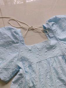 Light Blue Textured Puff Sleeve Dress