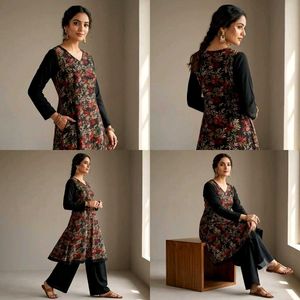 Beutiful Black Floral A-Line Kurta Set 🌿