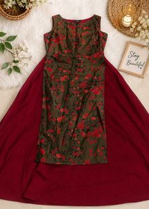 Olive Floral Kurta With Maroon Skirt Set