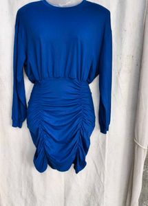 1239. Blue Ruched Long Sleeve Dress