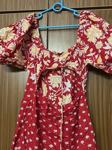 Red Floral Puff Sleeve Midi Dress