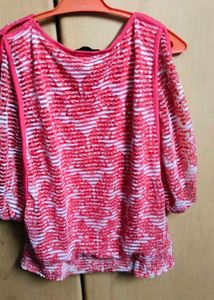 Red and White Printed Cold Shoulder Top