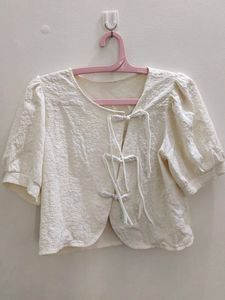 White Textured Cropped Blouse