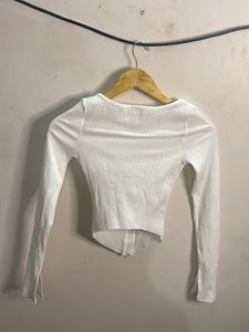 White Ribbed Zip-Up Long Sleeve Top
