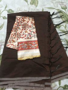 Dark Brown Saree with Floral Blouse Piece