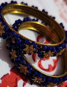 Blue Beaded Bangles with Gold Accents (2.6)