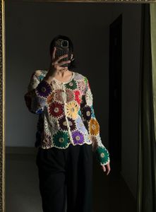 Multicoloured Floral Hand-Knit Crochet Cardigan