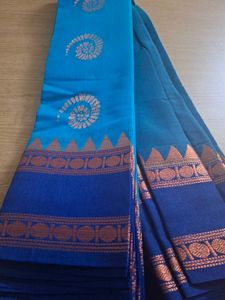 Blue Saree with Golden and Copper Motifs