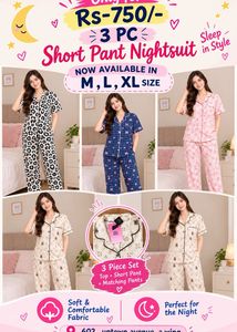 3 Pc Short Pant Nightsuit Set