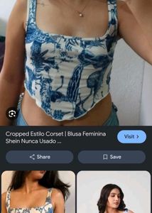 I. Blue &amp; White Botanical Print Crop Top