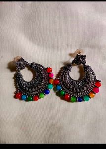 Boho Oxidized Jhumka Earrings with Colorful Beads