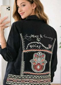 Embroidered Black Denim Jacket Si,e40