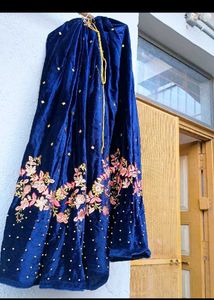 Navy Blue Velvet Lehenga with Peach Dupatta